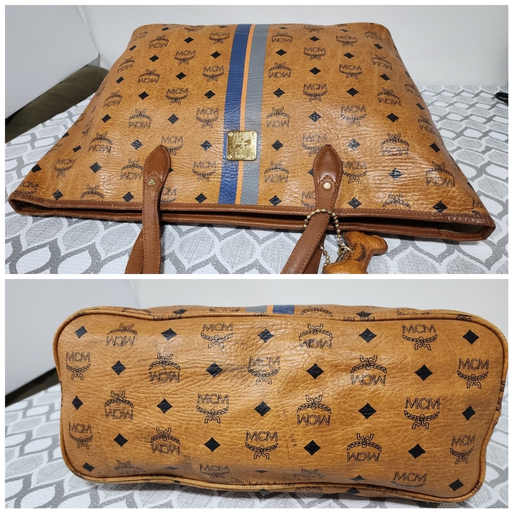 MCM Visetos Striped Shopper Tote Bag Cognac - Picture 7 of 14